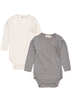 Copenhagen Colors baby 2-pack pointelle crossover bodysuits in cream and grey organic cotton