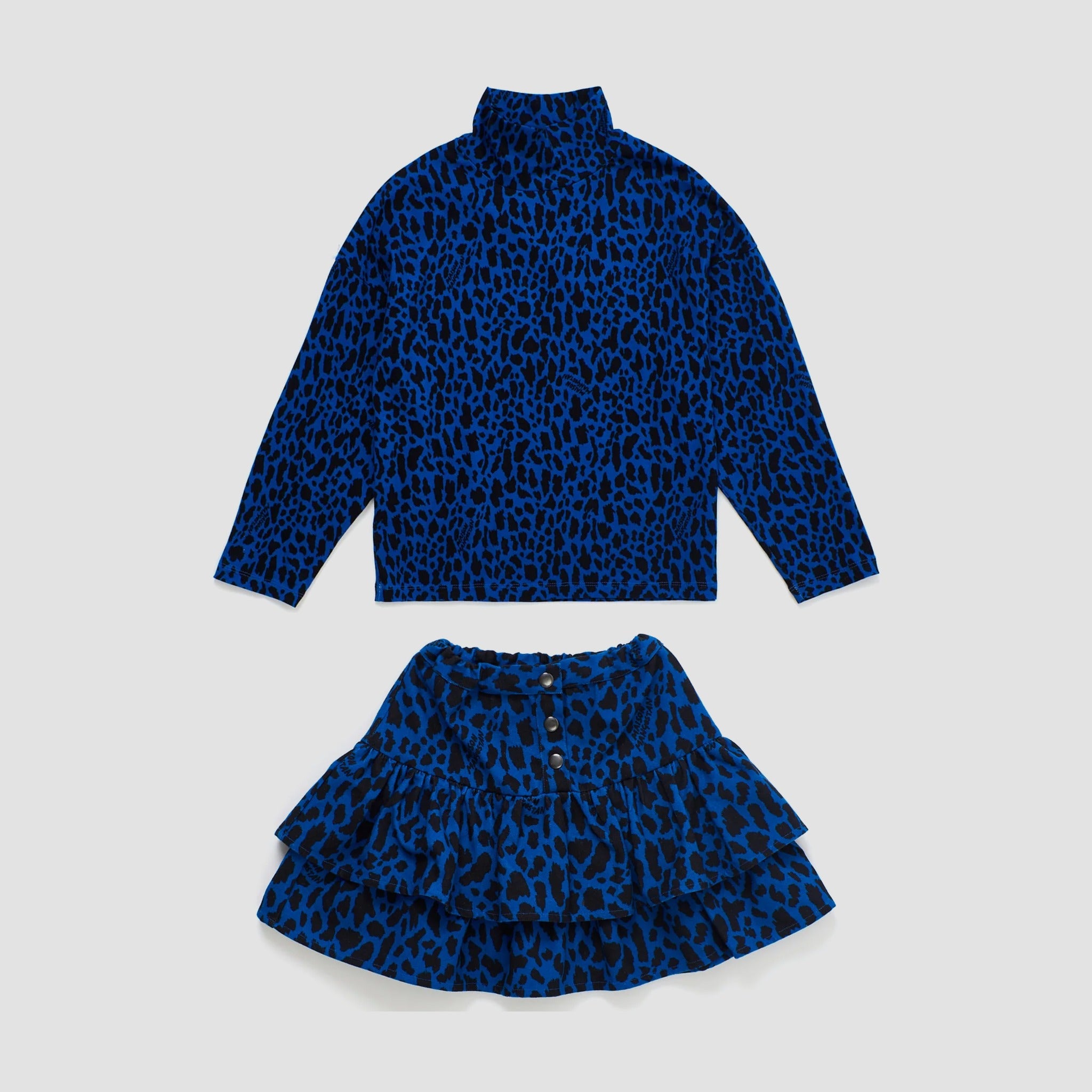Girls' Animal Print Turtleneck T-Shirt & Miniskirt Set in Blue by Maison Mangostan