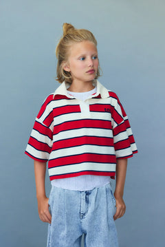 The New Society teen girls cropped polo in tulip red and midnight stripes