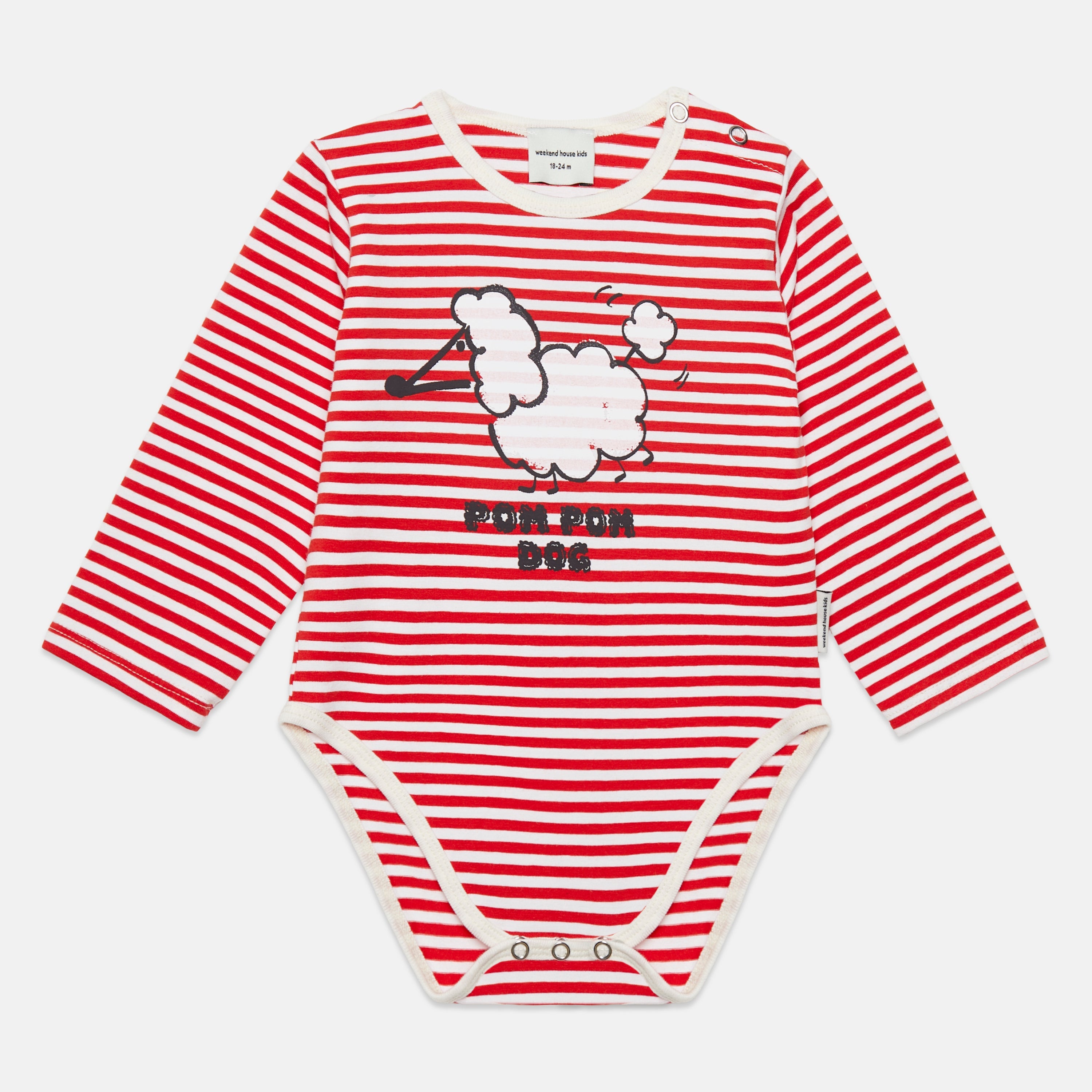 Baby Pom Pom Dog Striped Bodysuit in Red - front