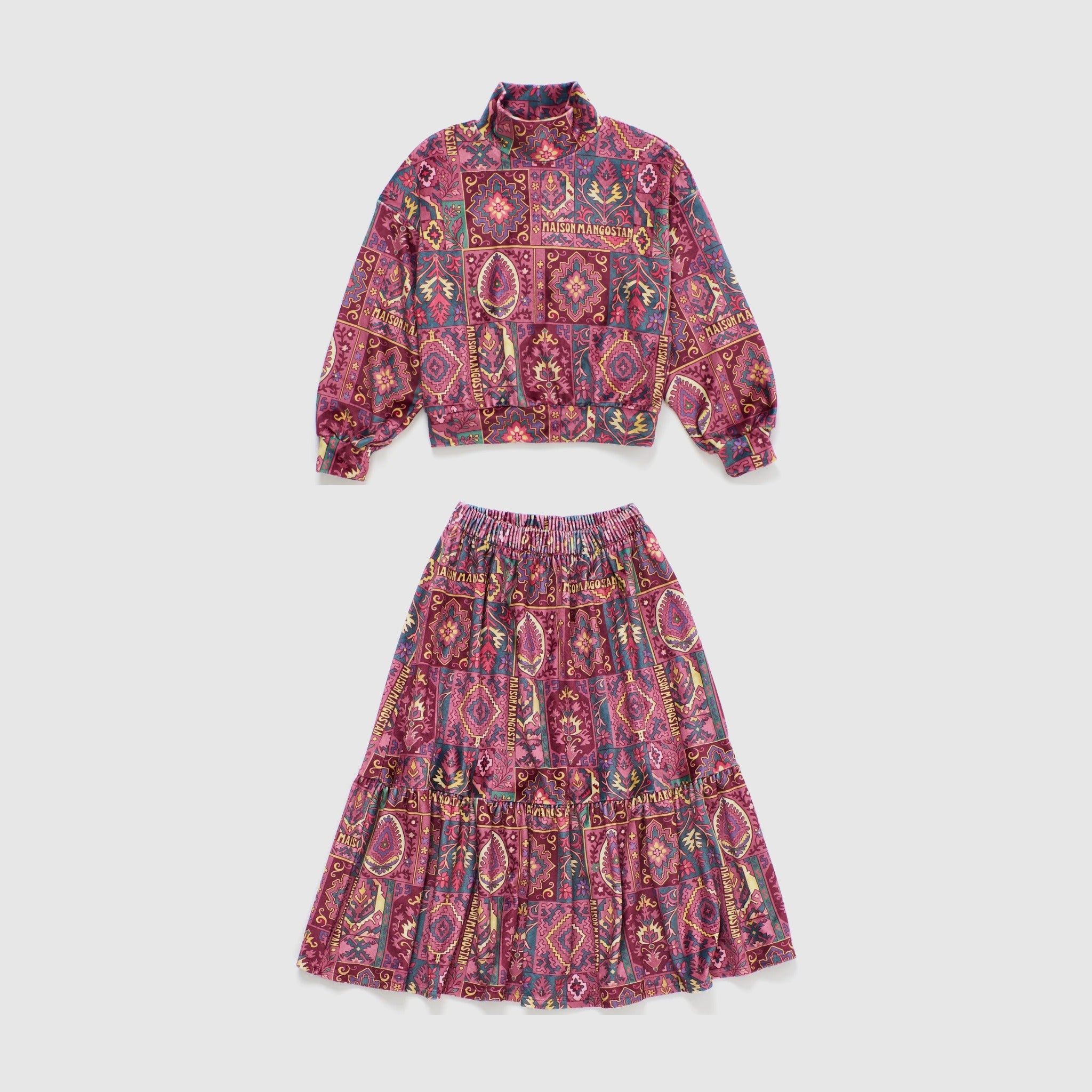 Girls' Carpet Velvet Sweater & Skirt Set in Burgundy by Maison Mangostan