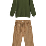Boys' green waffle polo and brown corduroy trousers set
