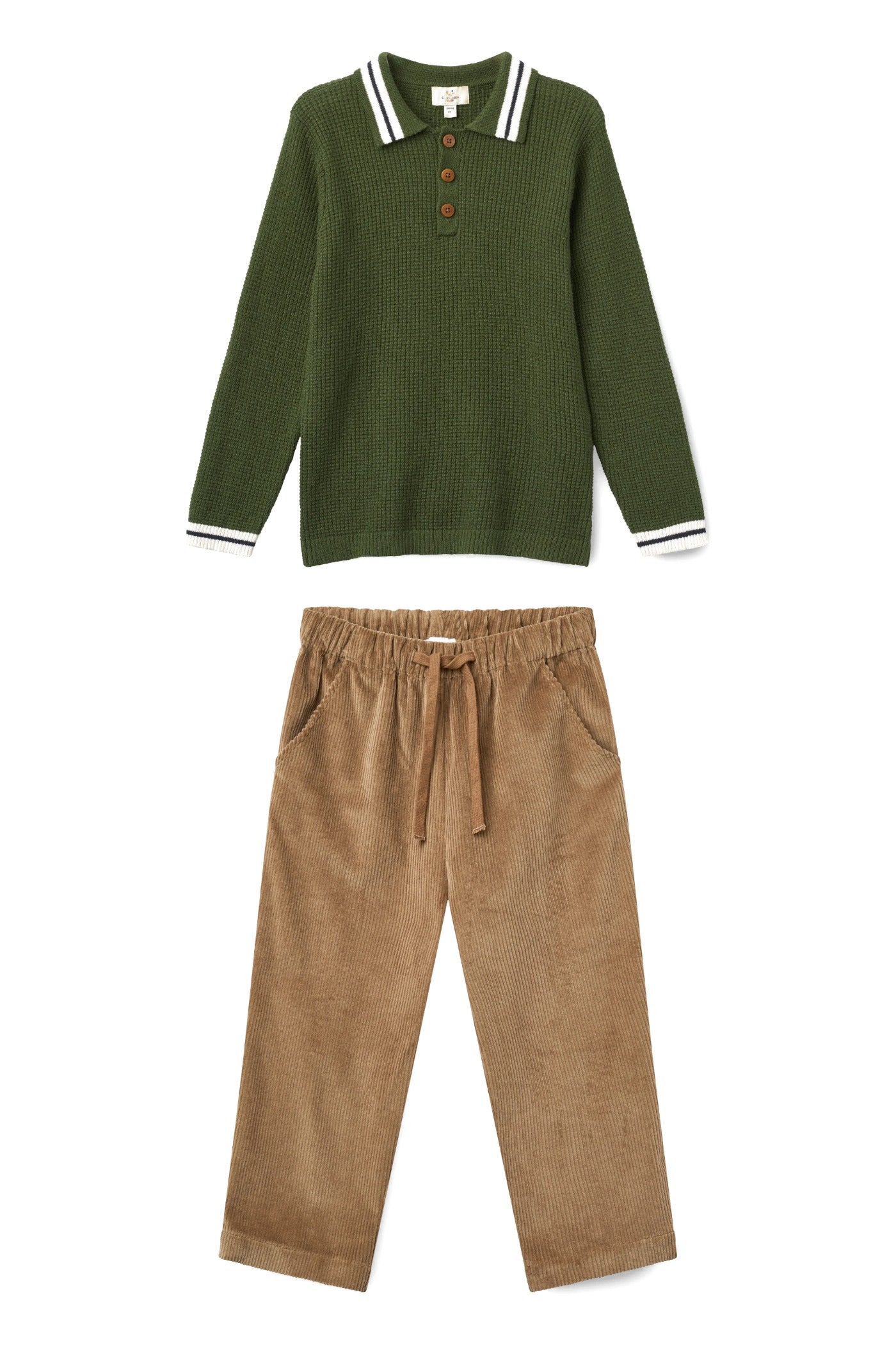 Boys' green waffle polo and brown corduroy trousers set