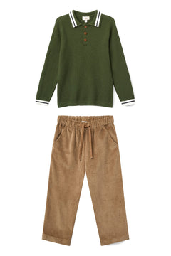 Boys' green waffle polo and brown corduroy trousers set