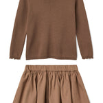 Girls' brown knitted blouse and twill skirt set