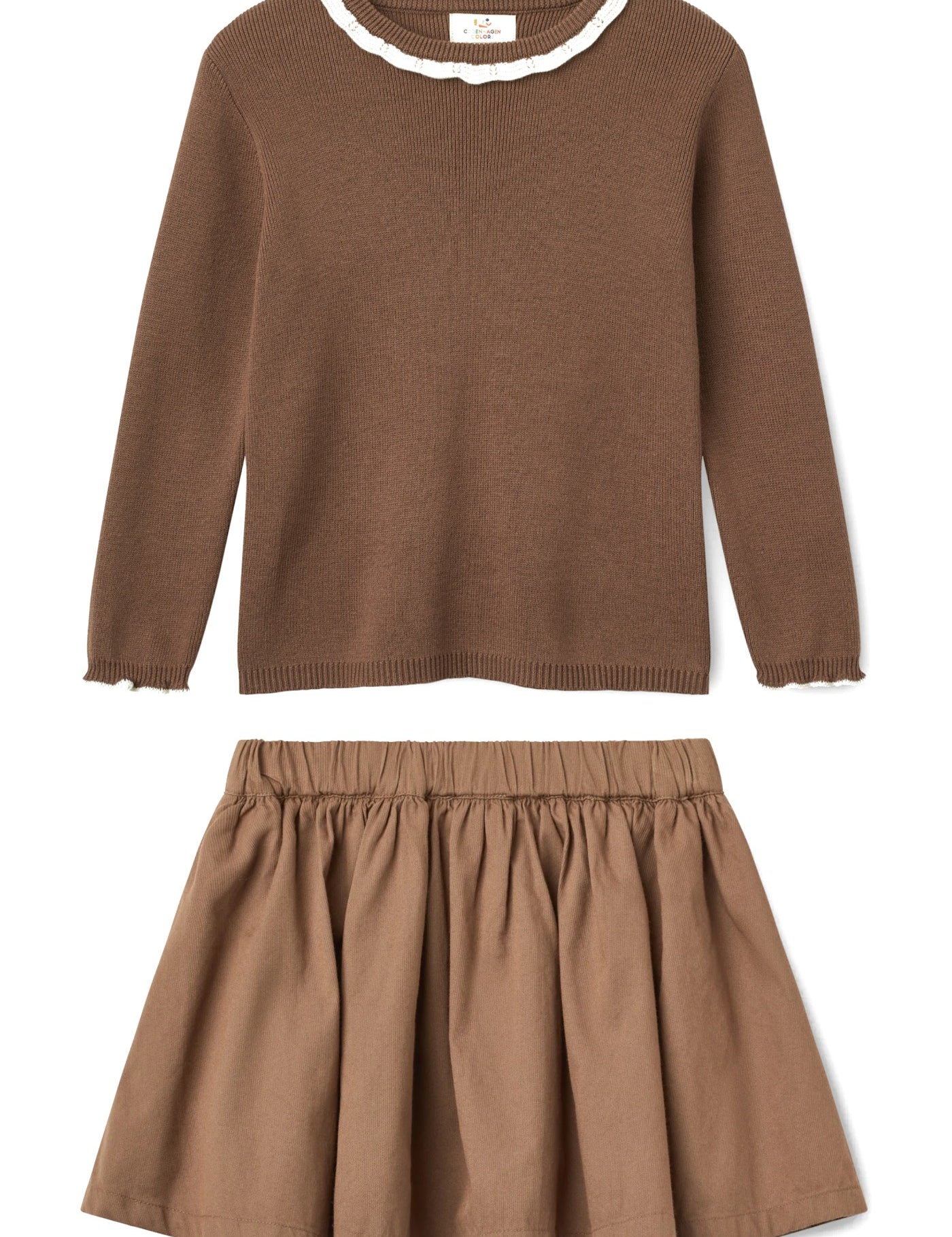 Girls' brown knitted blouse and twill skirt set