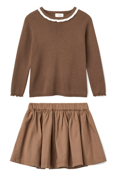 Girls' brown knitted blouse and twill skirt set