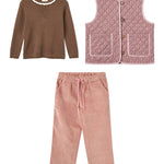 Girls' brown blouse, rose quilted vest and rose corduroy trousers set