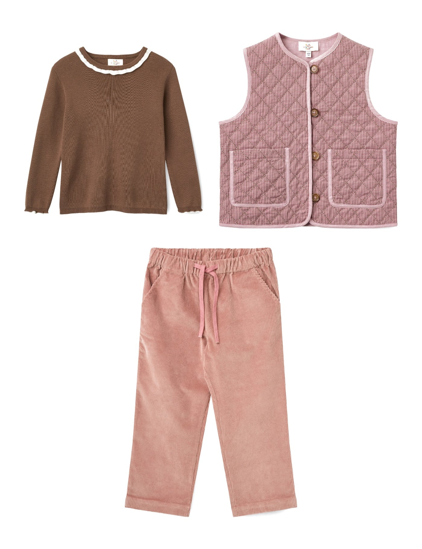 Girls' brown blouse, rose quilted vest and rose corduroy trousers set