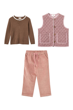 Girls' brown blouse, rose quilted vest and rose corduroy trousers set