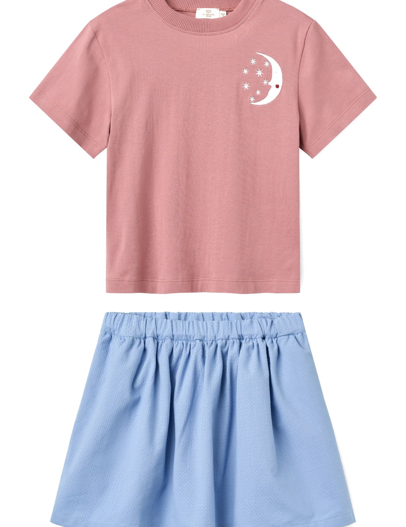 Girls' rose t-shirt and light blue pique skirt set