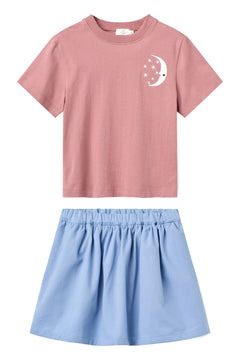 Girls' rose t-shirt and light blue pique skirt set