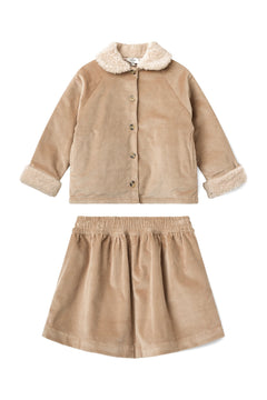 Girls' beige teddy collar corduroy jacket and skirt set