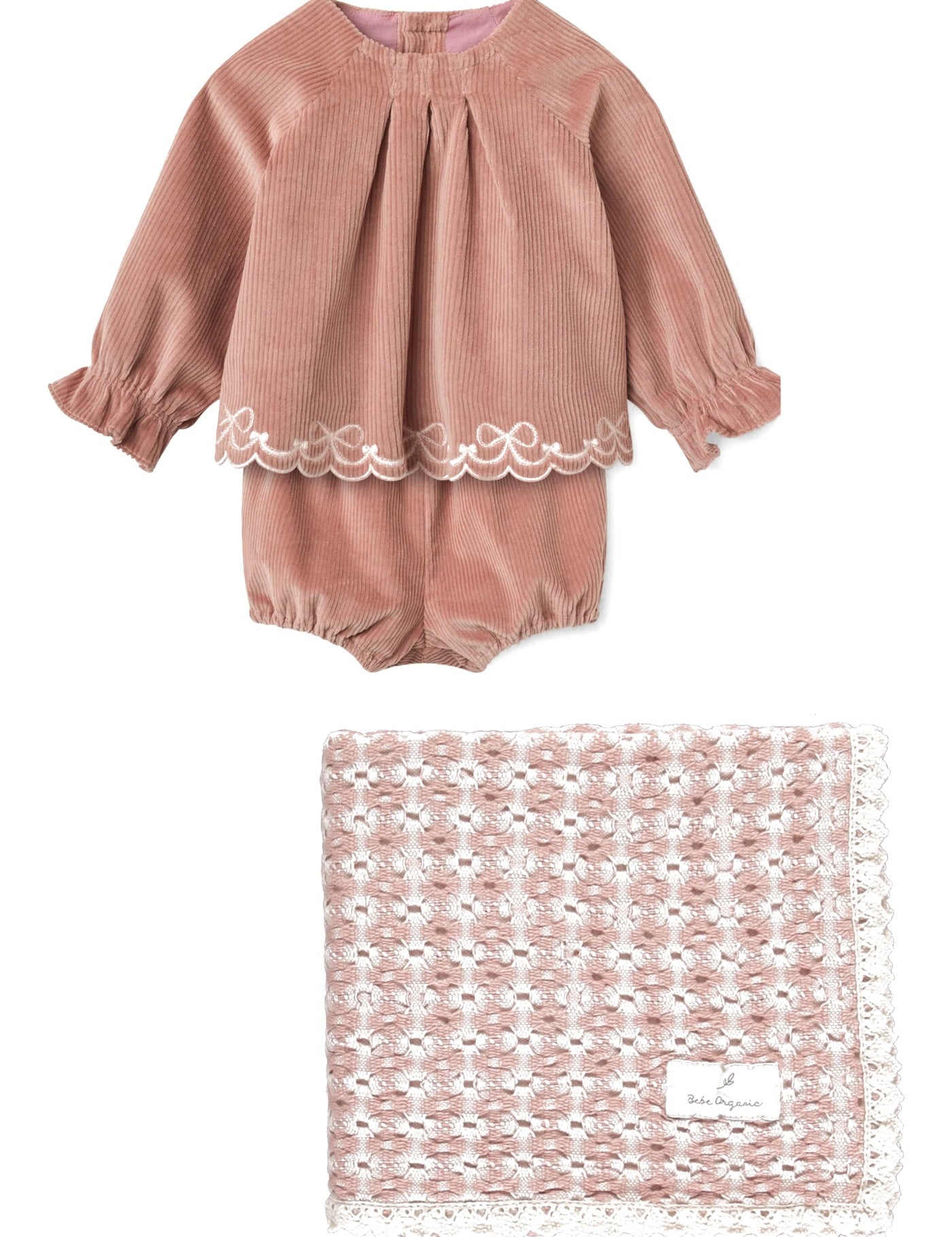 Baby girls' rose corduroy set with pink crochet blanket gift set