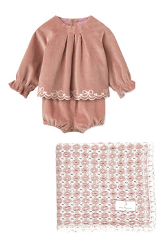 Baby girls' rose corduroy set with pink crochet blanket gift set