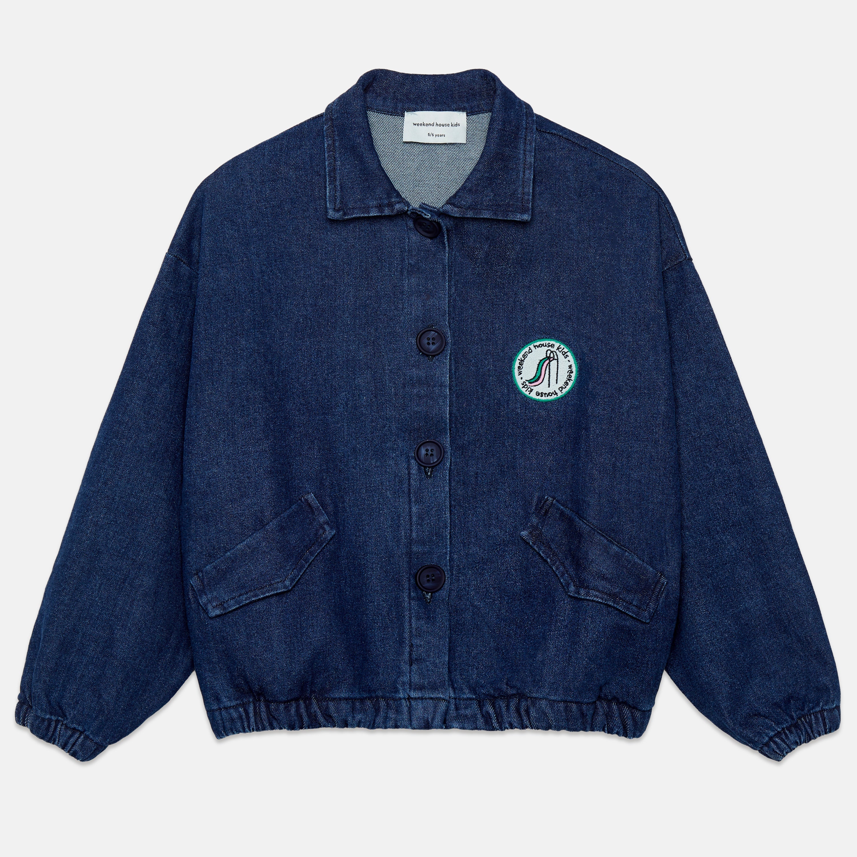Kids' Denim Bomber Jacket in Dark Blue - front