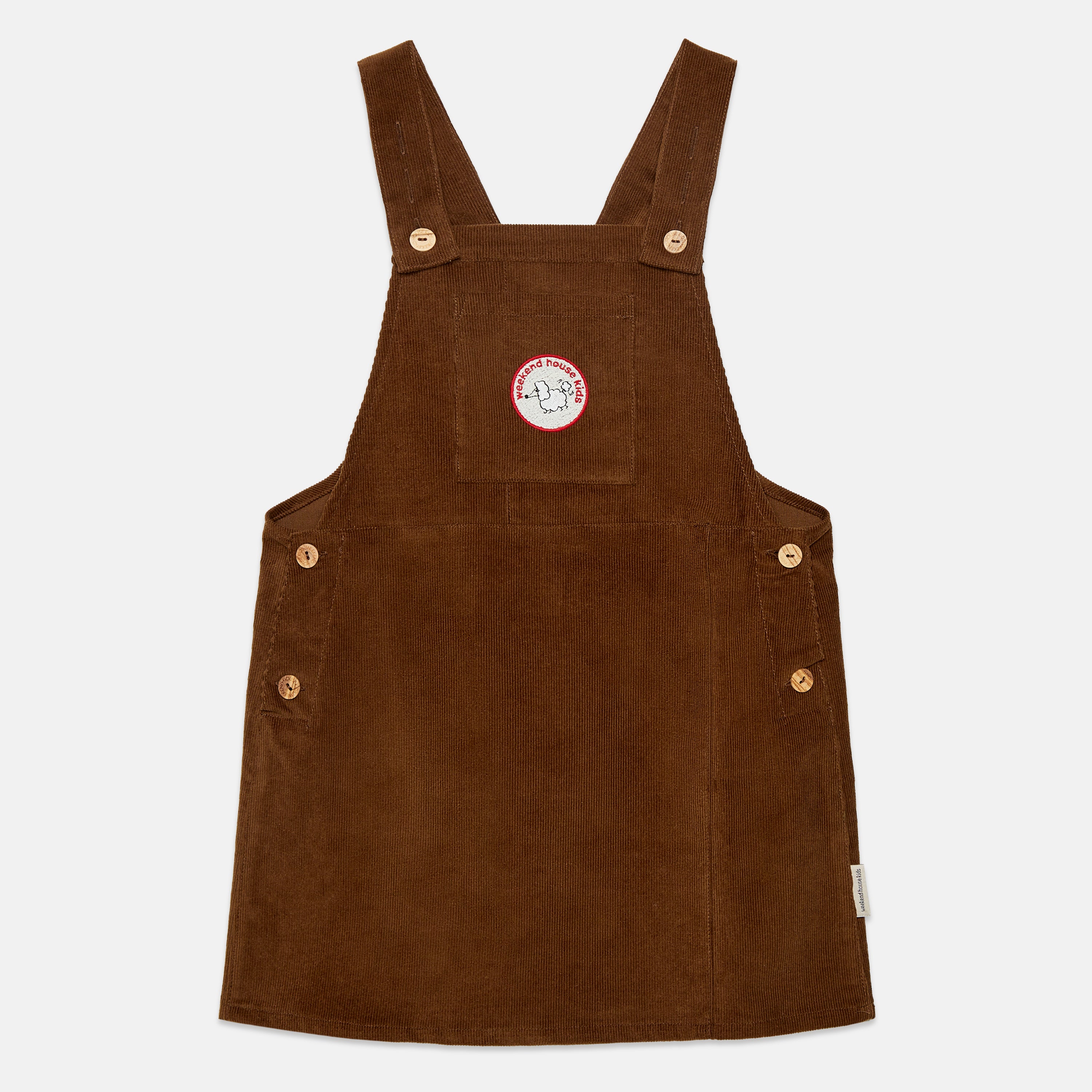Kids' Pom Pom Dog Corduroy Pinafore Dress in Brown - front