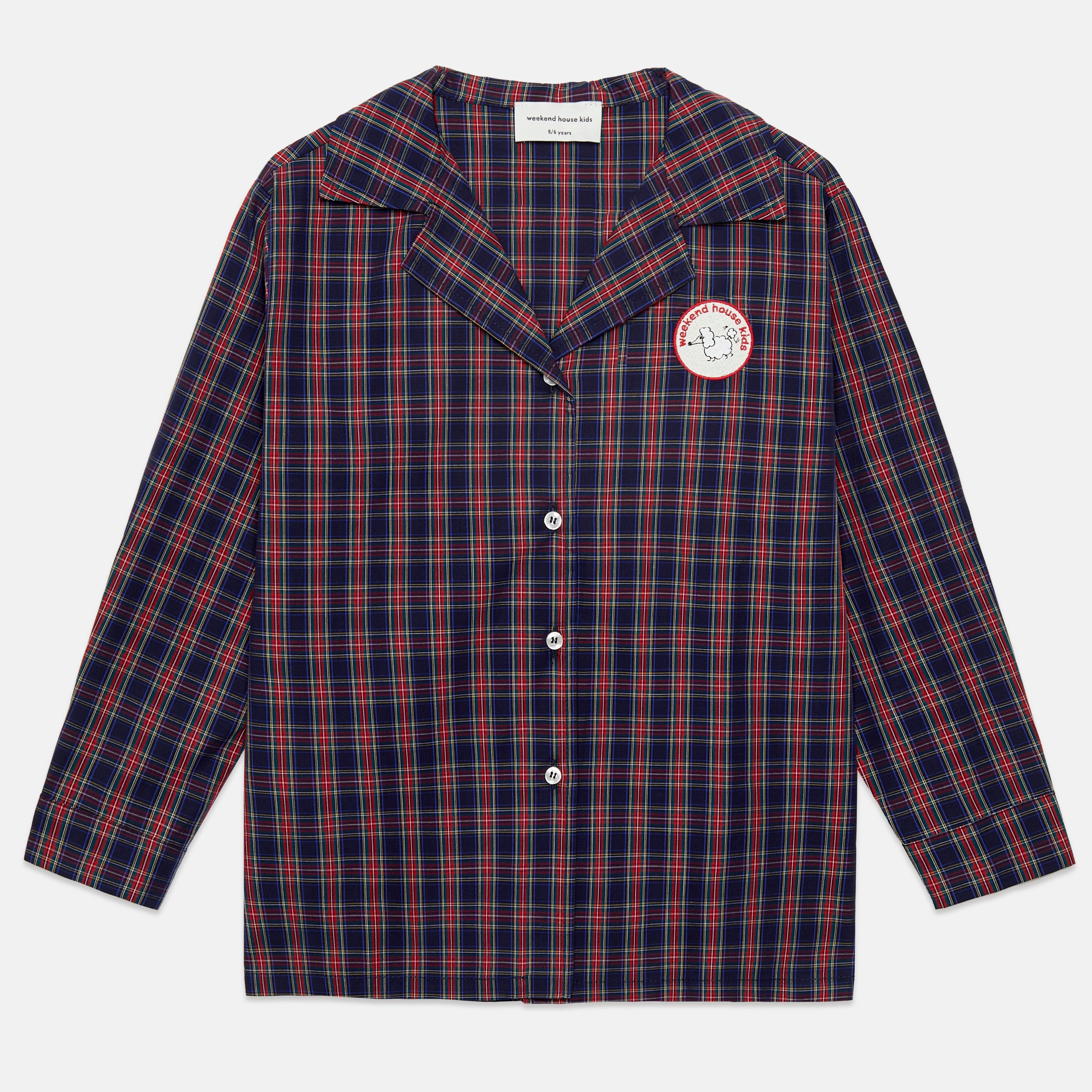 Kids' Pom Pom Dog Embroidered Poplin Shirt in Blue & Red - front