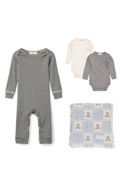 Baby Boys' Navy Stripe Romper, Pointelle Bodysuits & Teddy Bear Blanket Gift Set