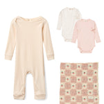 Baby Girls' Rose Stripe Romper, Pointelle Bodysuits & Strawberry Blanket Gift Set