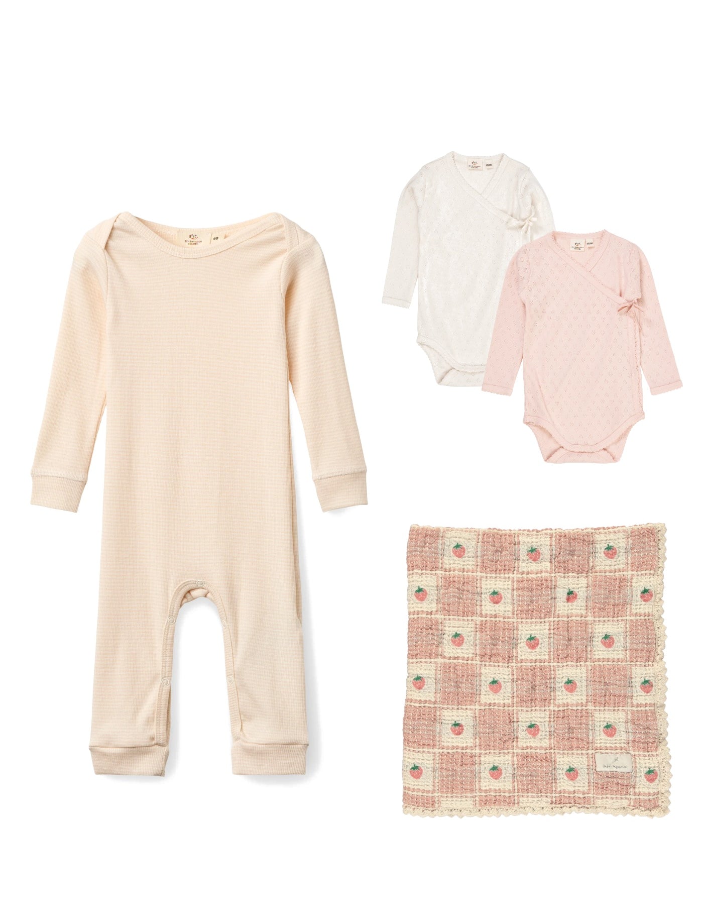 Baby Girls' Rose Stripe Romper, Pointelle Bodysuits & Strawberry Blanket Gift Set