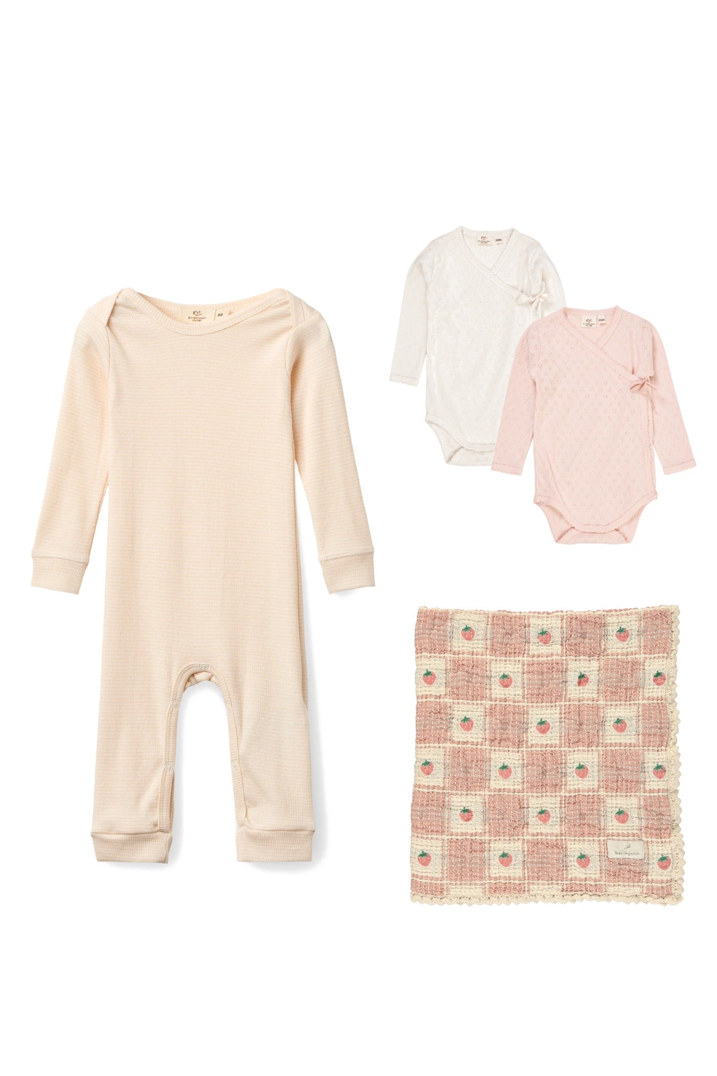 Baby Girls' Rose Stripe Romper, Pointelle Bodysuits & Strawberry Blanket Gift Set