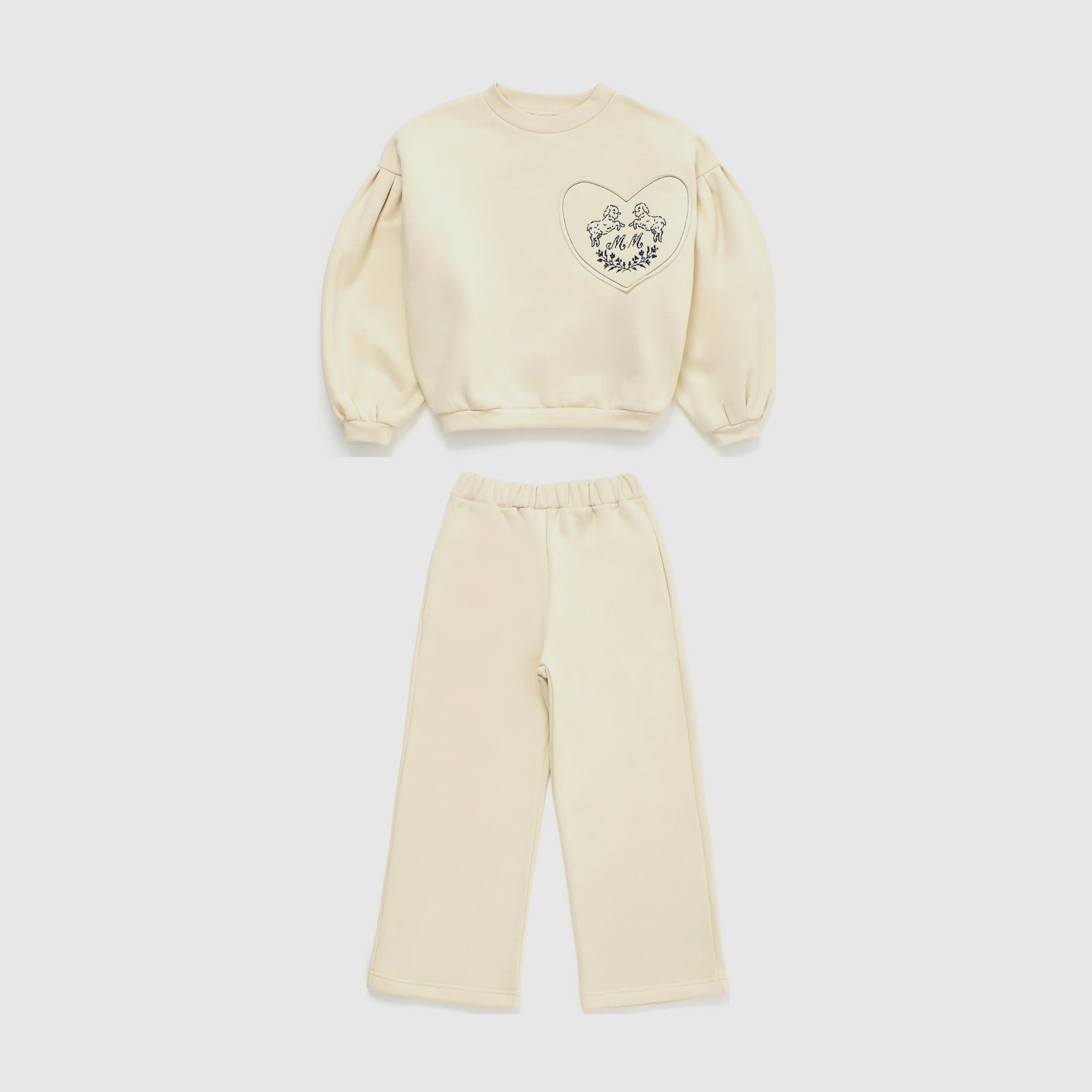 Girls' Ovejas Cotton Fleece Sweatshirt & Sweatpants Set in Angora by Maison Mangostan