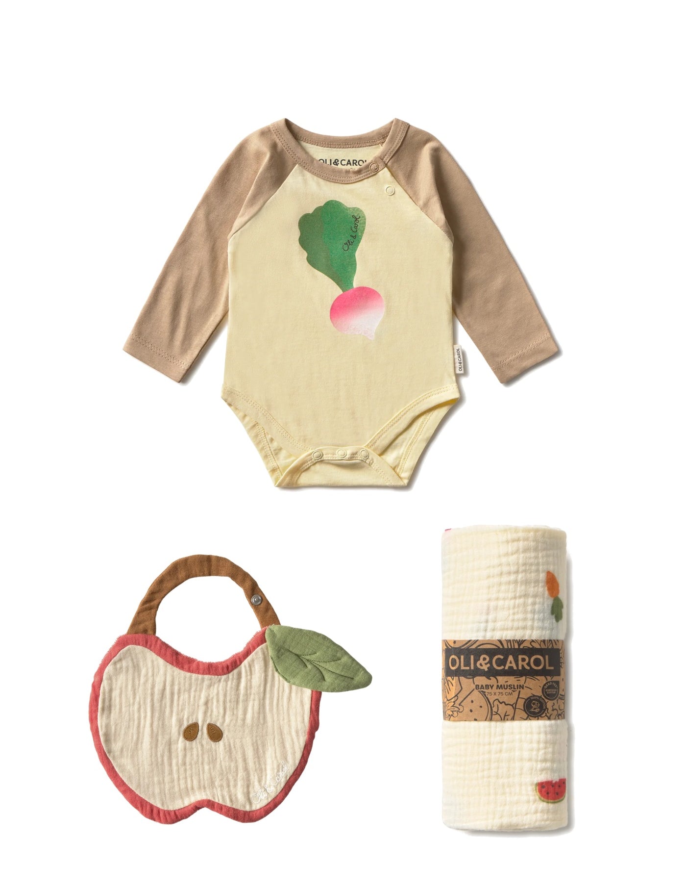 Baby Ramona the Radish Bodysuit, Muslin & Bib Newborn Gift Set