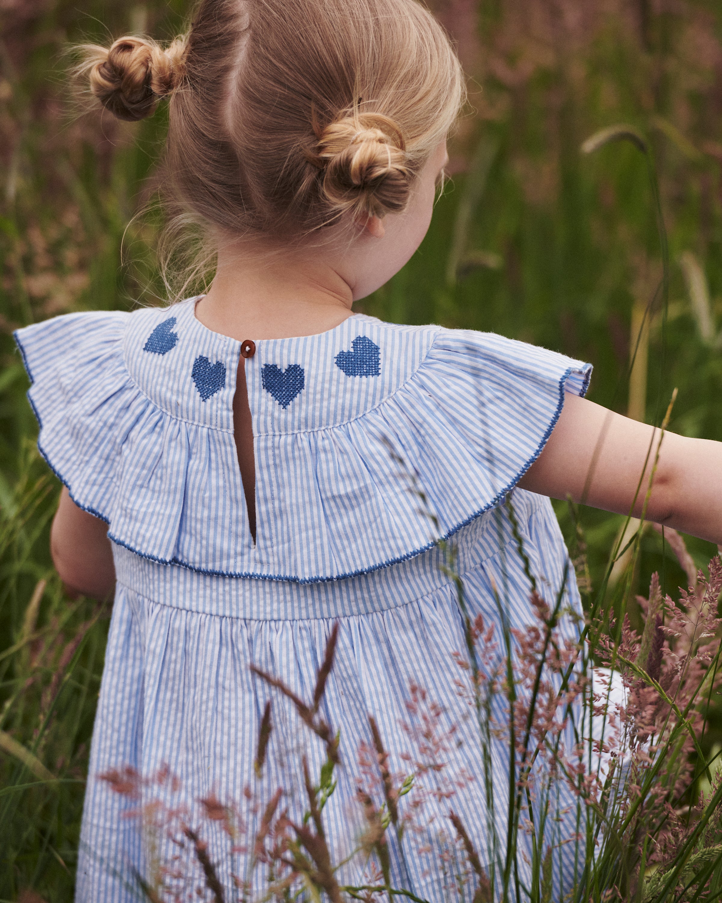 Copenhagen Colors girls seersucker heart embroidered organic cotton dress in blue