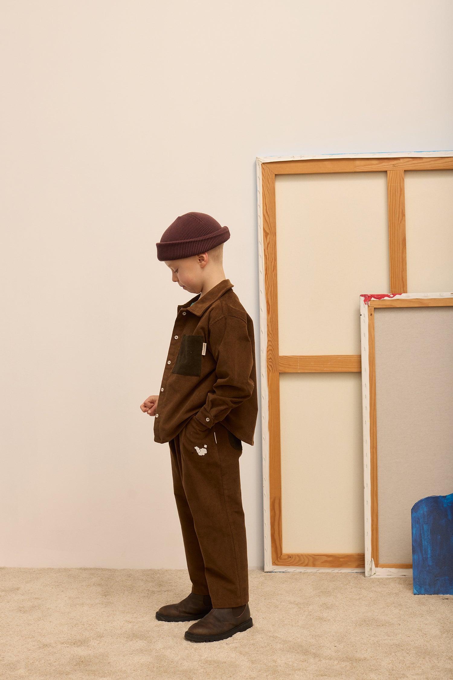 Kids' Pom Pom Dog Corduroy Trousers in Brown - lookbook