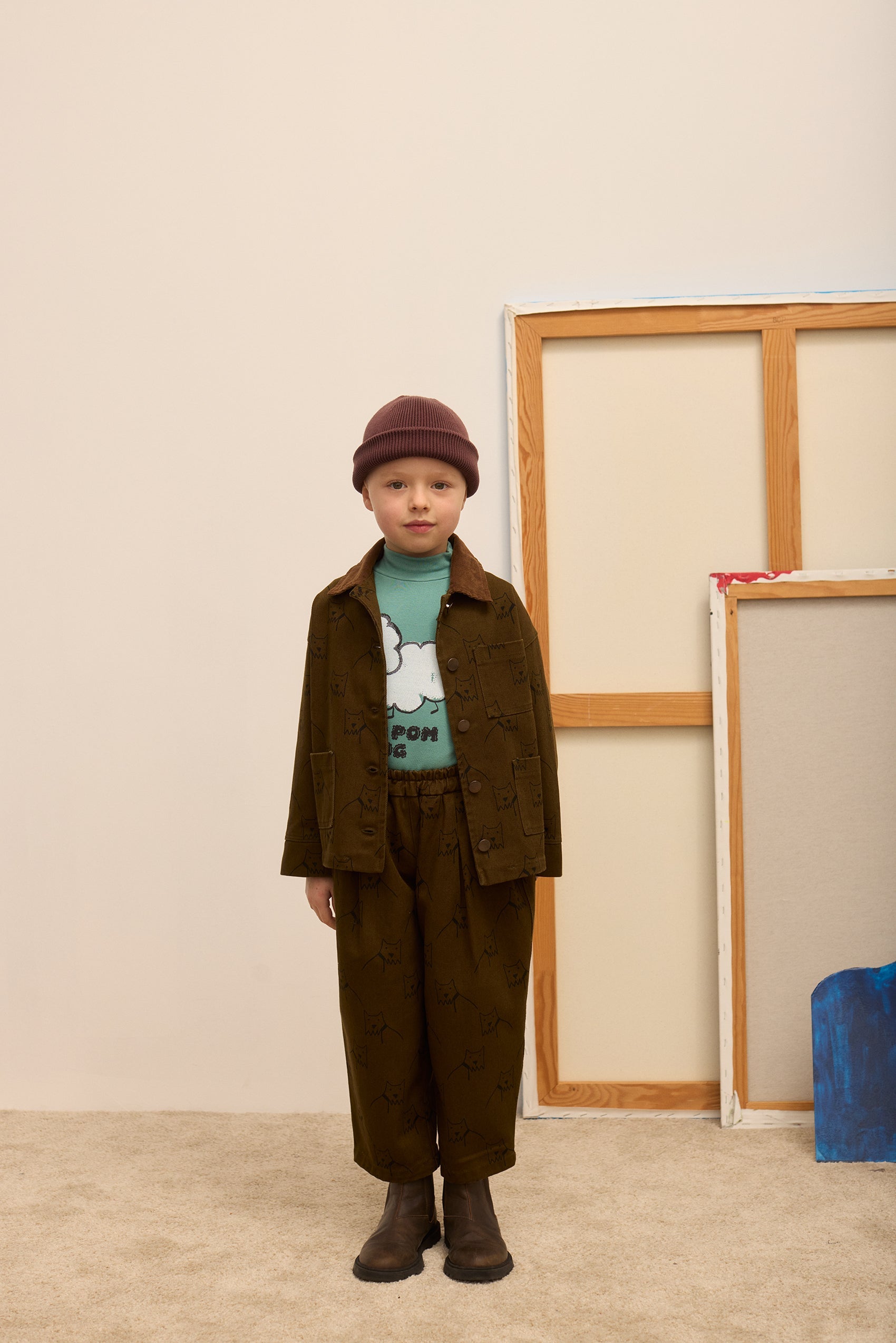 Kids' City Dog Print Canvas Trousers in Forest Green - lookbook