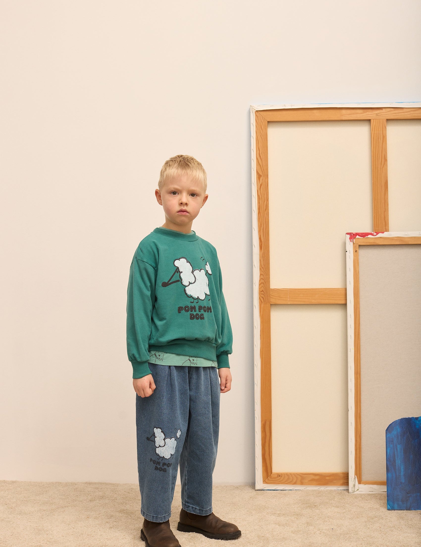 Kids' Pom Pom Dog Denim Trousers in Blue - lookbook