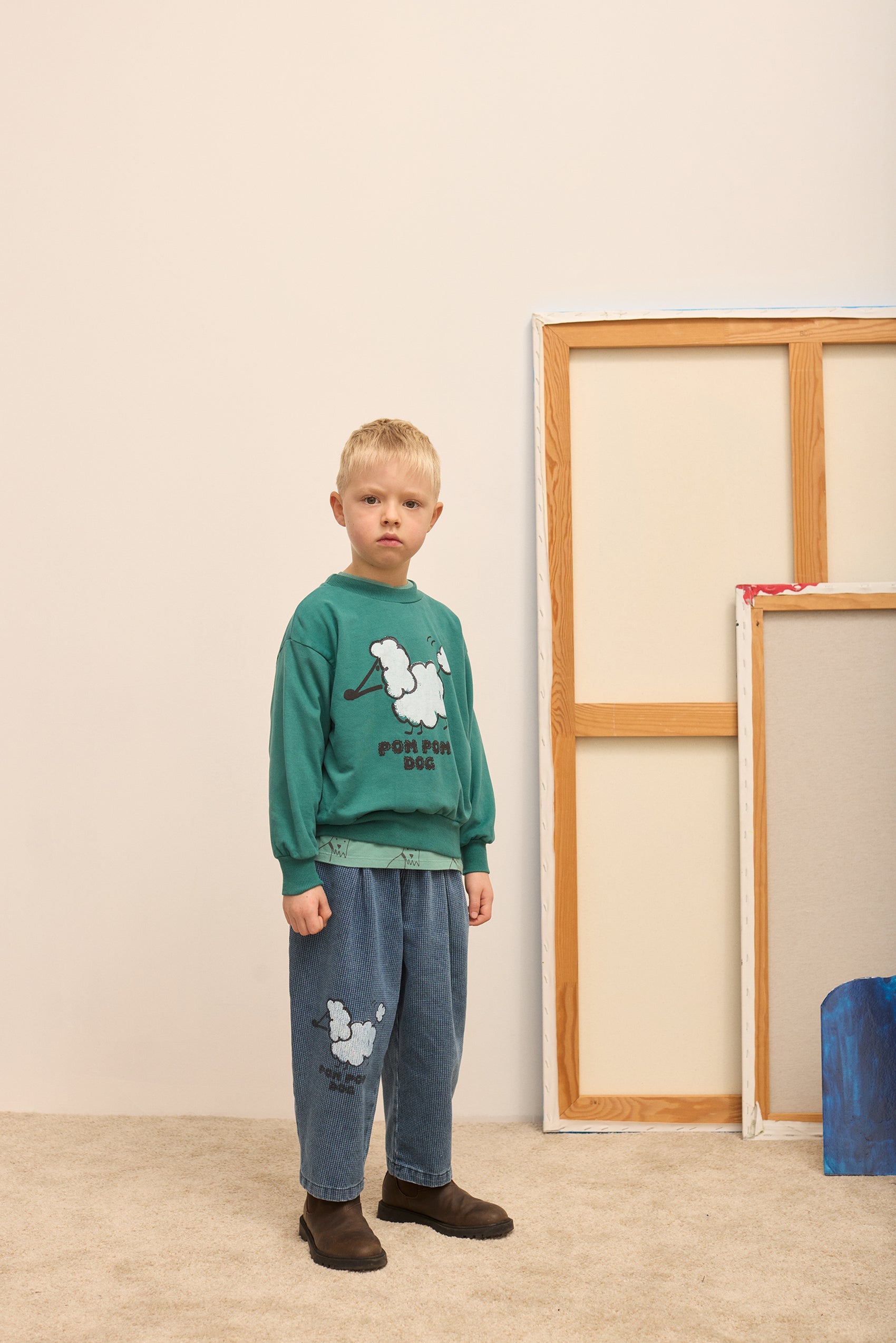 Kids' Pom Pom Dog Denim Trousers in Blue - lookbook