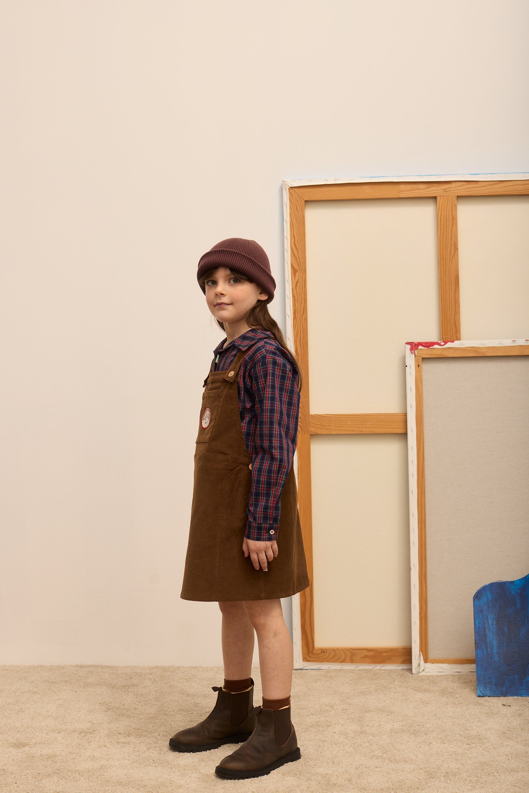 Kids' Pom Pom Dog Corduroy Pinafore Dress in Brown - lookbook