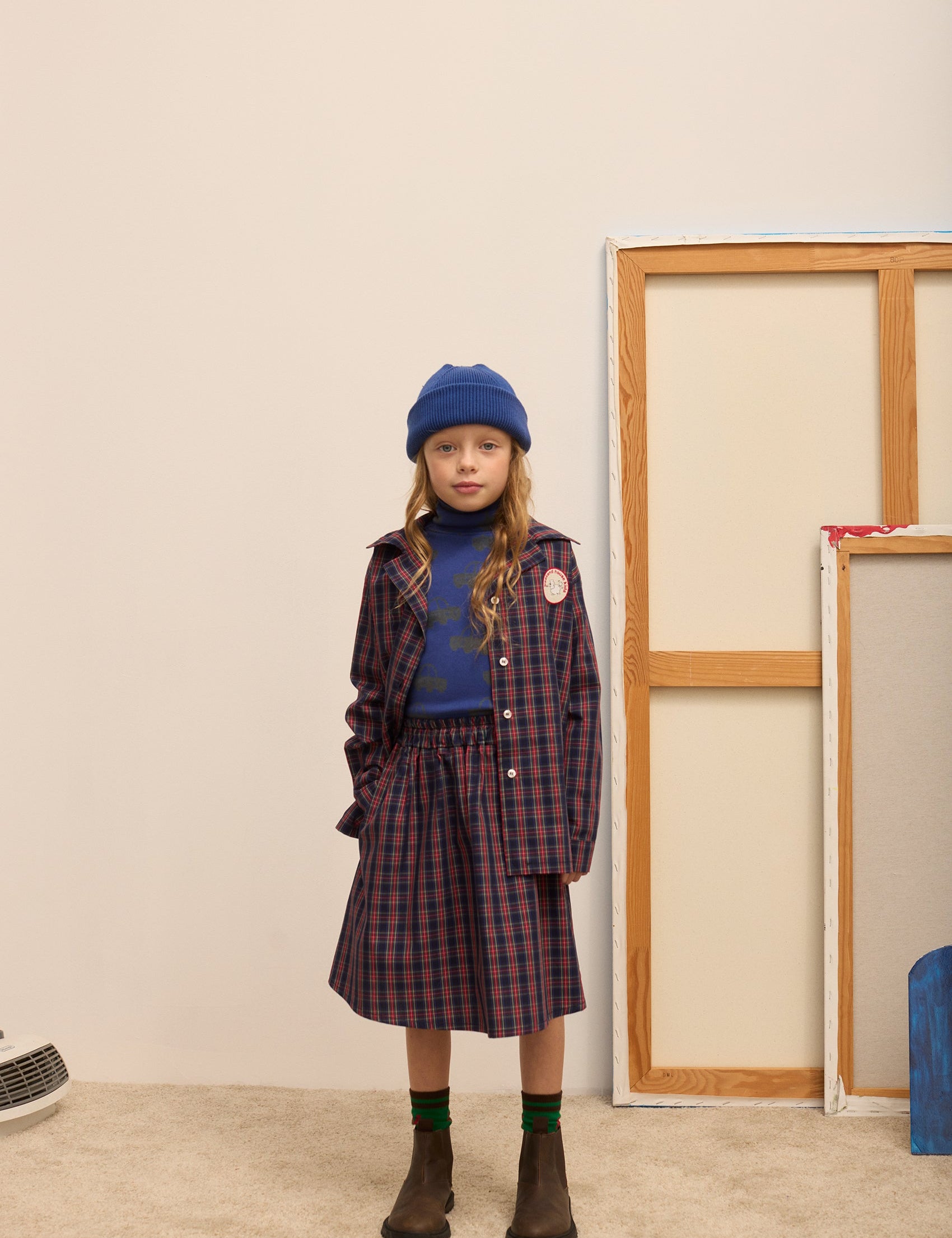 Kids' Pom Pom Dog Embroidered Poplin Shirt in Blue & Red - lookbook