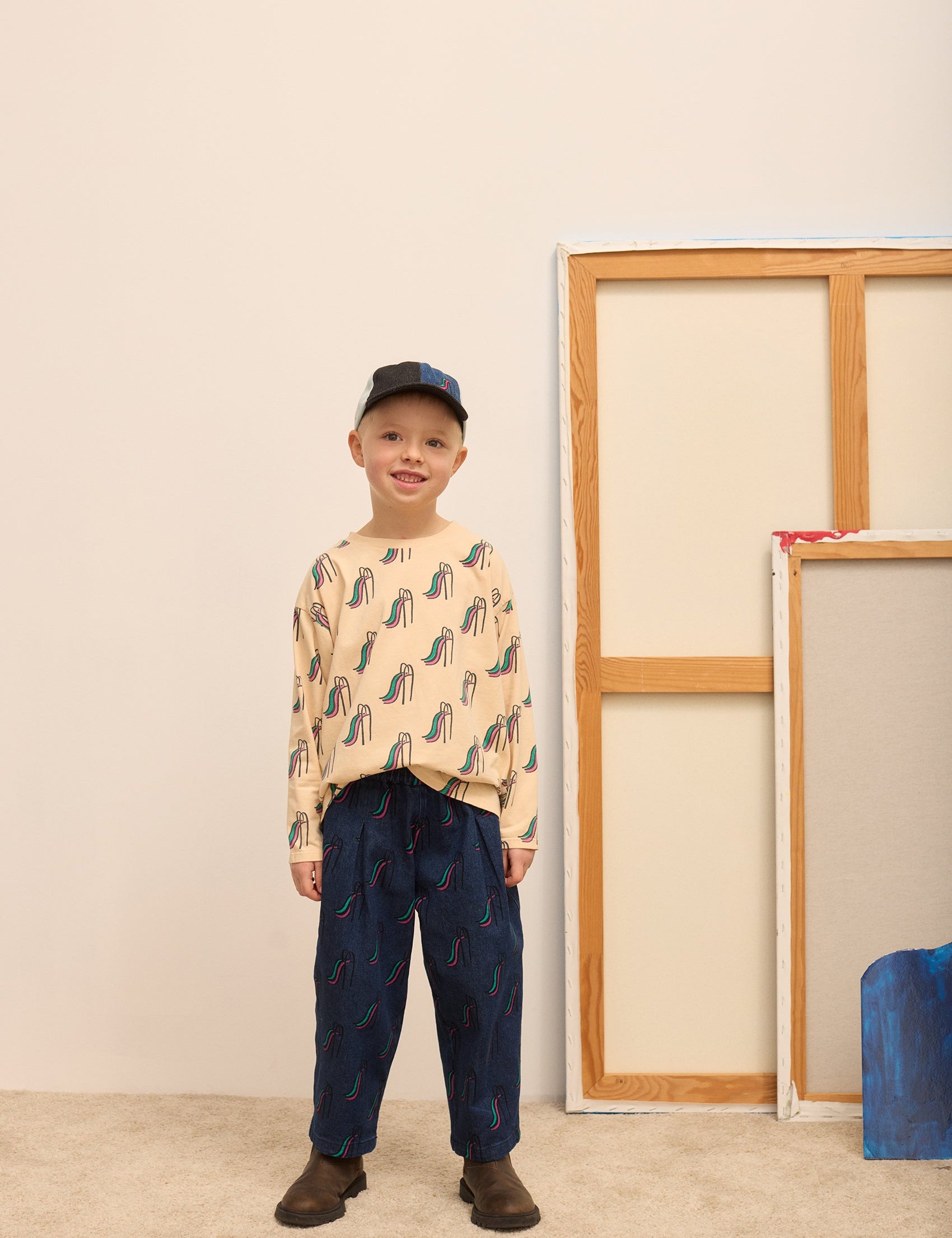 Kids' Slide Print Denim Trousers in Dark Blue - lookbook
