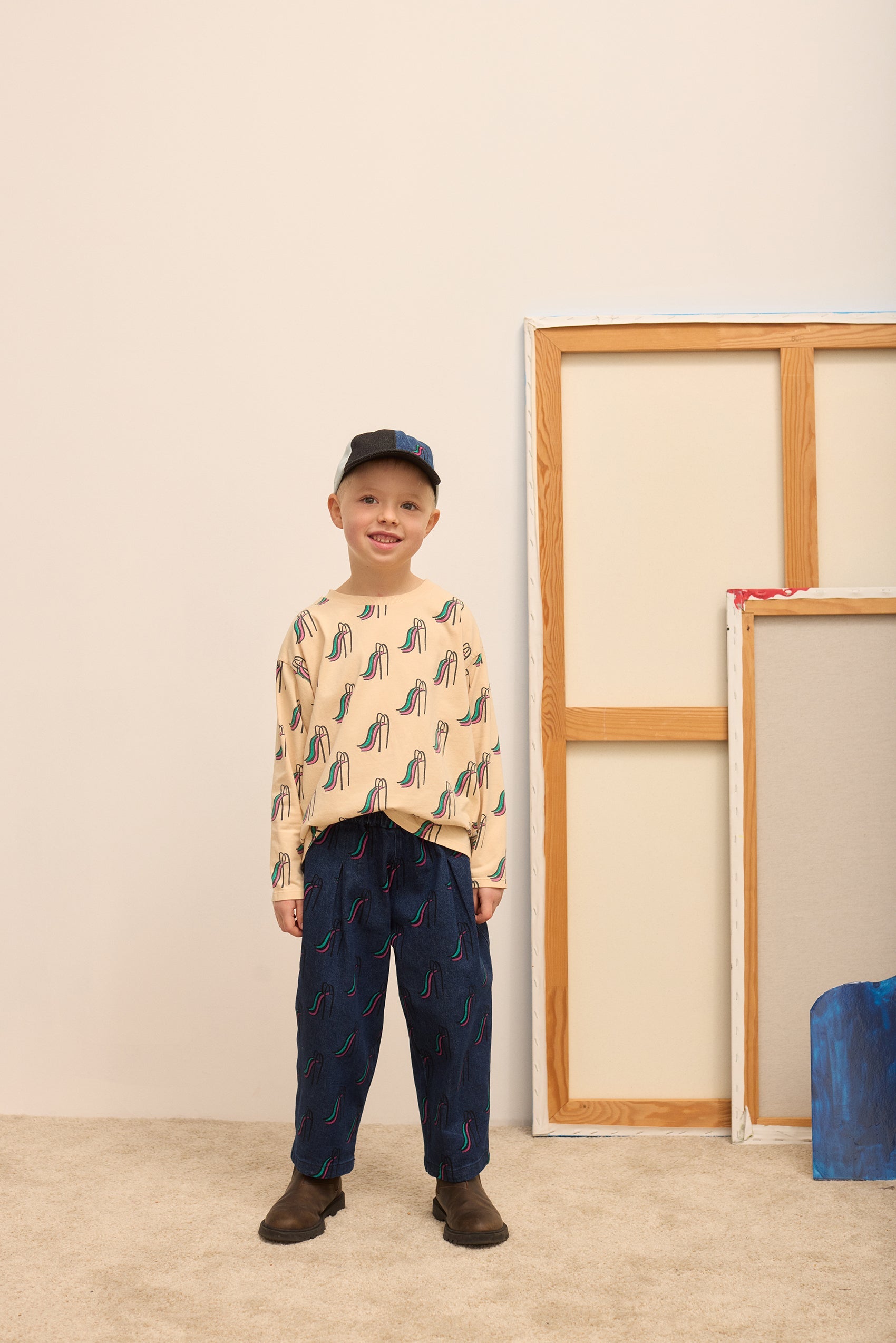 Kids' Slide Print Denim Trousers in Dark Blue - lookbook