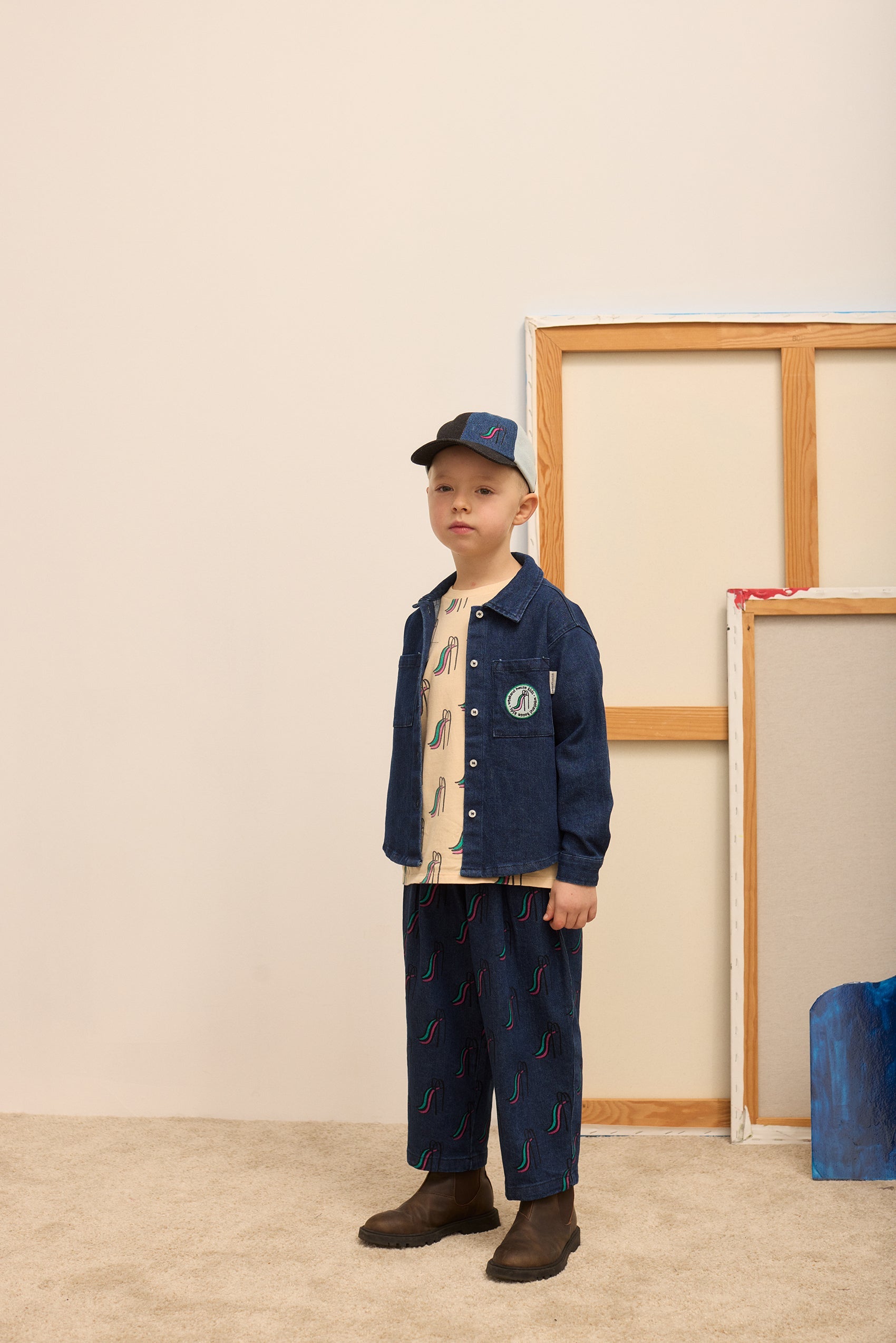 Kids' Slide Print Denim Trousers in Dark Blue - lookbook