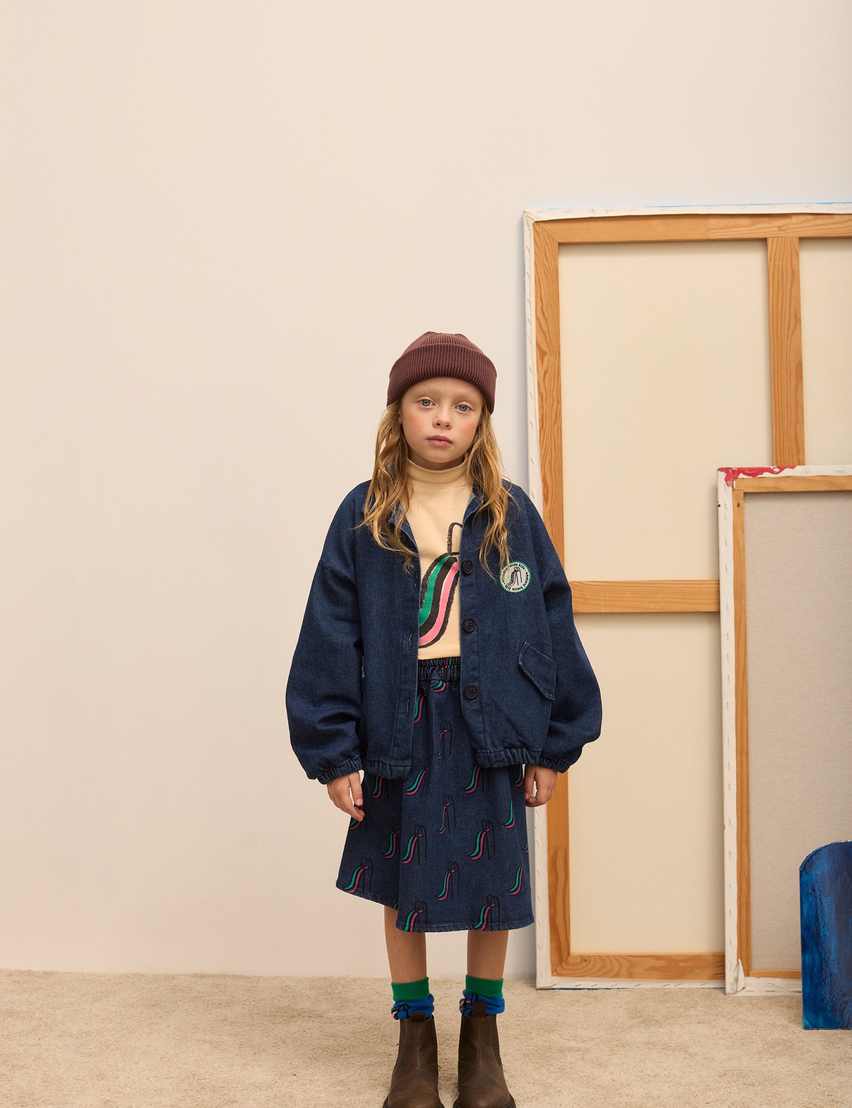 Kids' Denim Bomber Jacket in Dark Blue - lookbook
