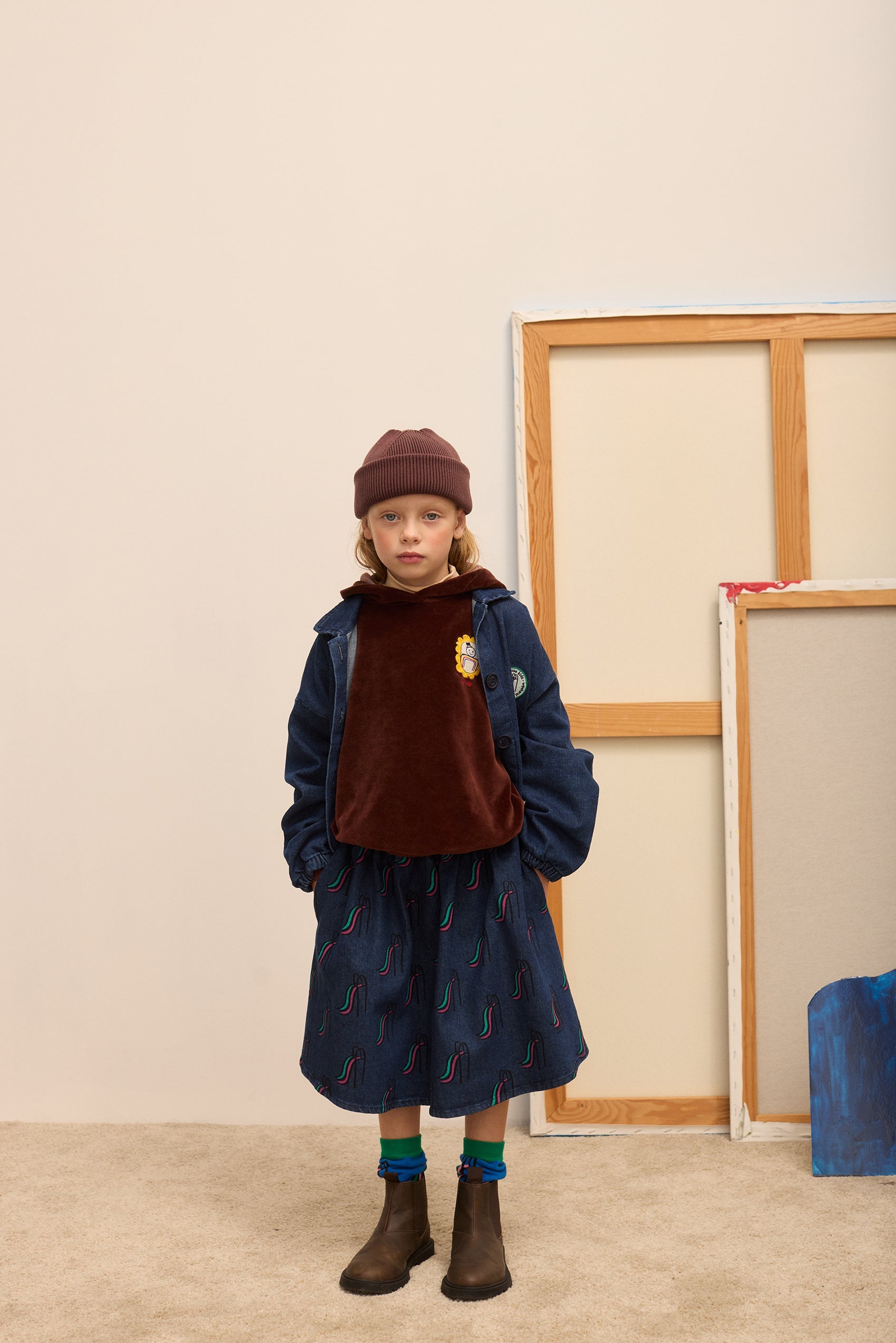 Kids' Denim Bomber Jacket in Dark Blue - lookbook