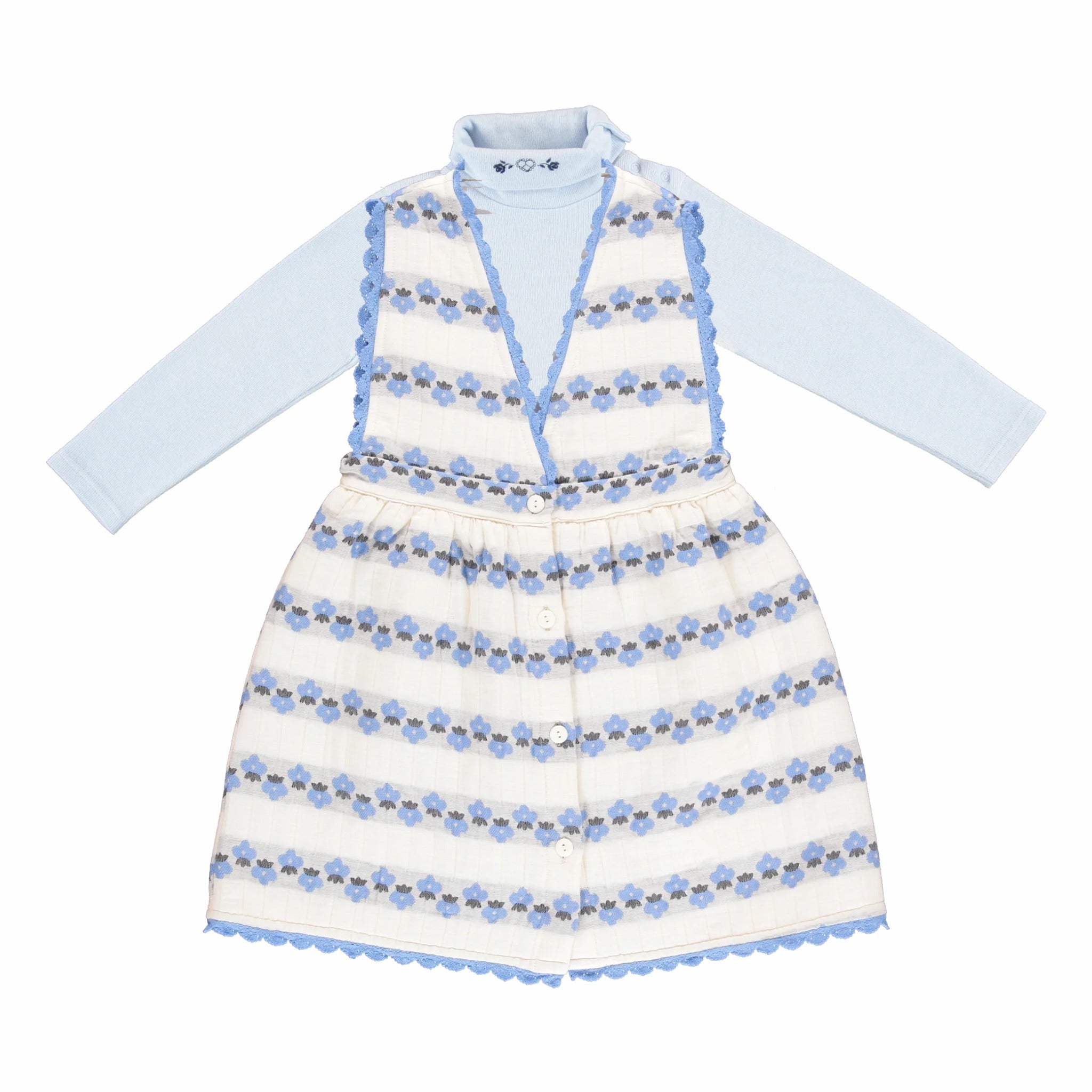 Girls' Organic Cotton Turtleneck & Apron Dress Set in Flower Stripe by Bebe Organic