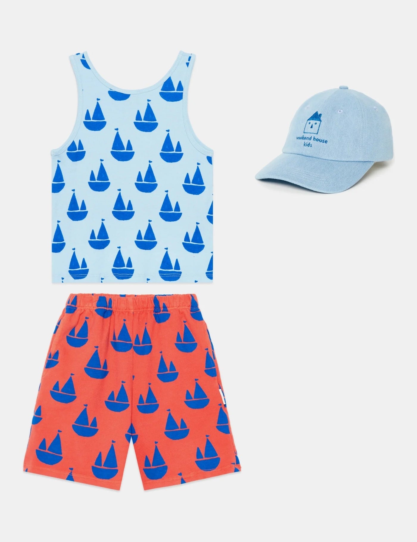 Kids' All-Over Boats Tank Top, Bermuda Shorts & Denim Cap Set by Weekend House Kids