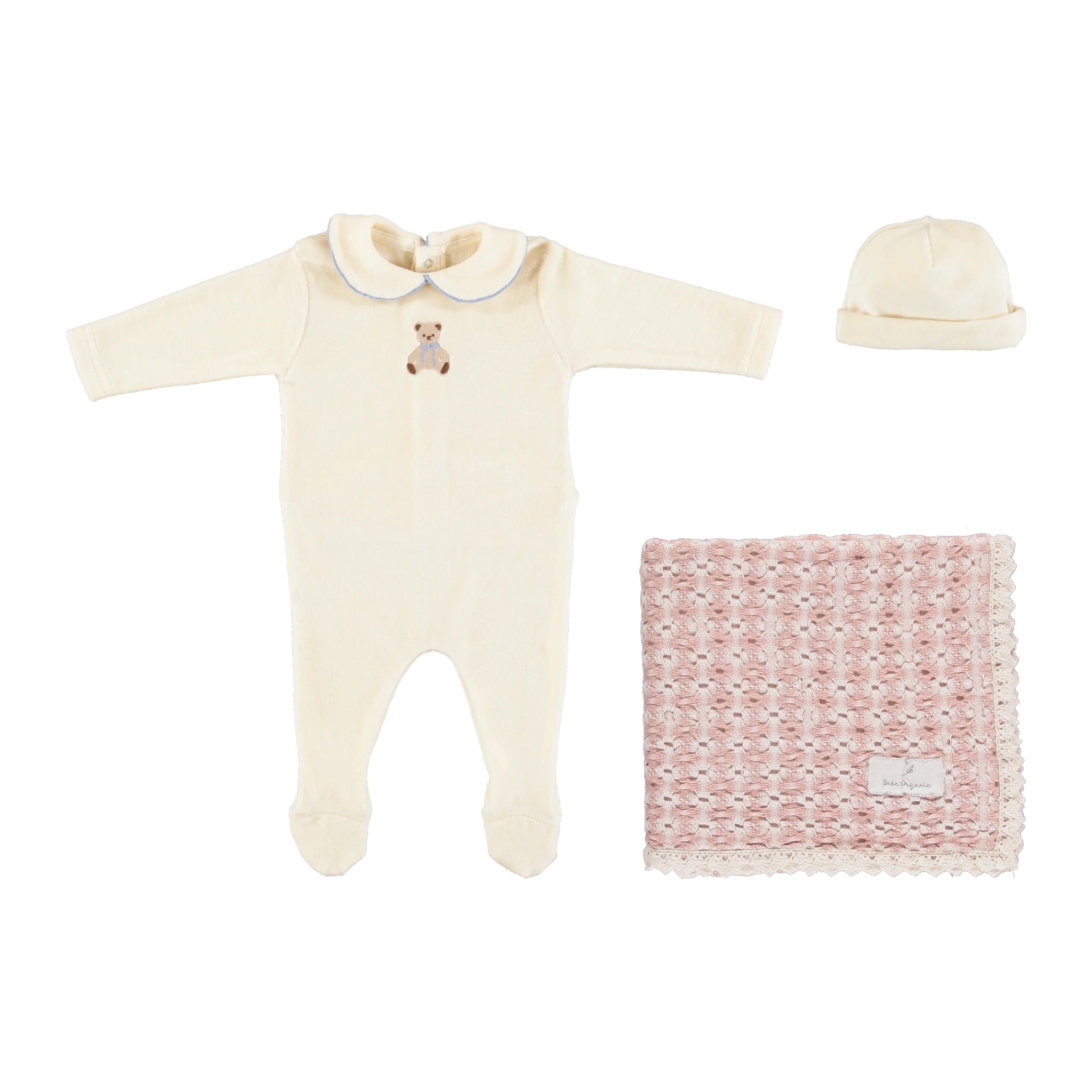 Baby Girls' Teddy Velour Overall Set & Pink Retro Crochet Blanket Gift Set by Bebe Organic