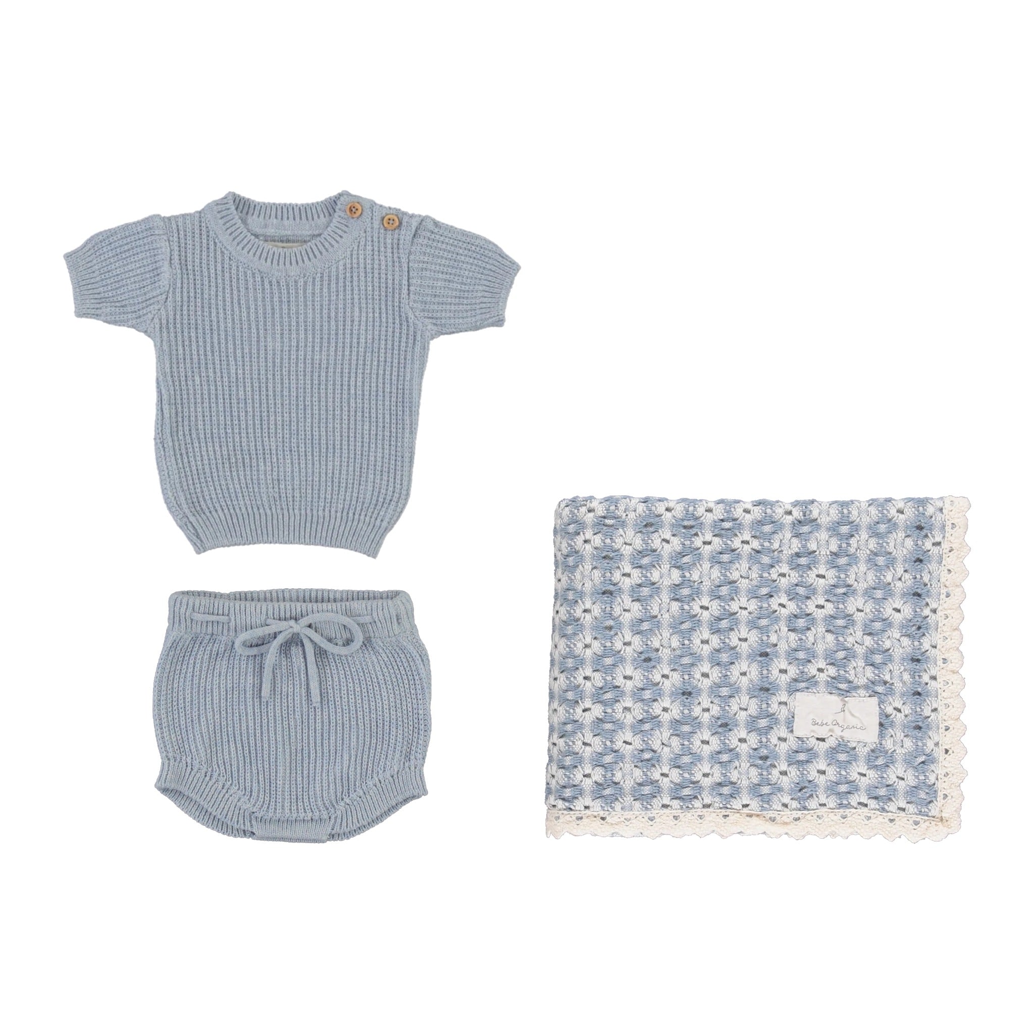 Baby Boys' Sky Blue Knit Set & Blue Retro Crochet Blanket Gift Set by Bebe Organic