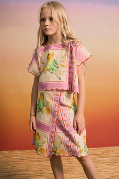 Maison Mangostan girls bird patchwork skirt