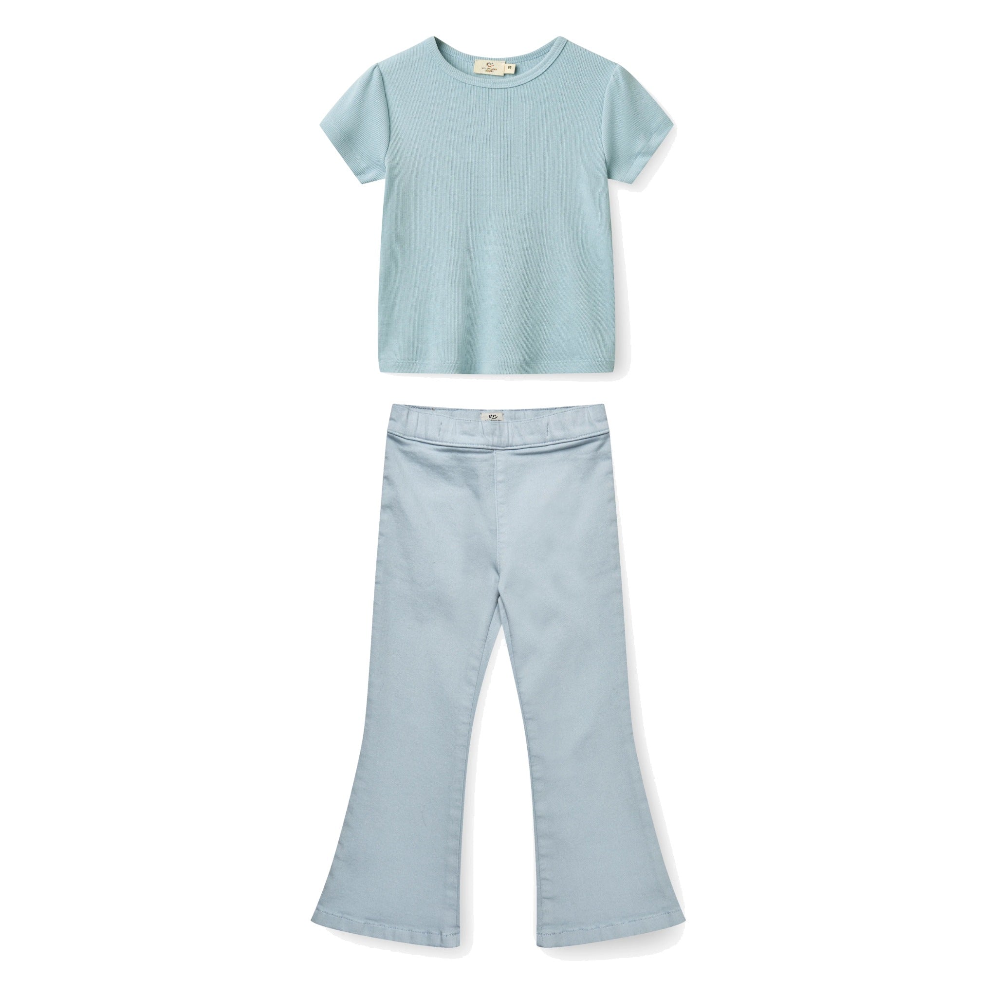 Girls' Modal Ribbed Ruffle-Sleeve T-Shirt & Flared Jeggings Set in Dusty Blue by Copenhagen Colors