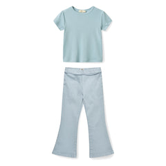 Girls' Modal Ribbed Ruffle-Sleeve T-Shirt & Flared Jeggings Set in Dusty Blue by Copenhagen Colors