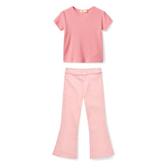 Girls' Modal Ribbed Ruffle-Sleeve T-Shirt & Flared Jeggings Set in Pink by Copenhagen Colors