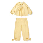 Girls' Organic Cotton Smocked Blouse & Bow Pants Set in Pale Yellow by Copenhagen Colors