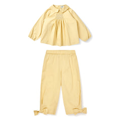 Girls' Organic Cotton Smocked Blouse & Bow Pants Set in Pale Yellow by Copenhagen Colors